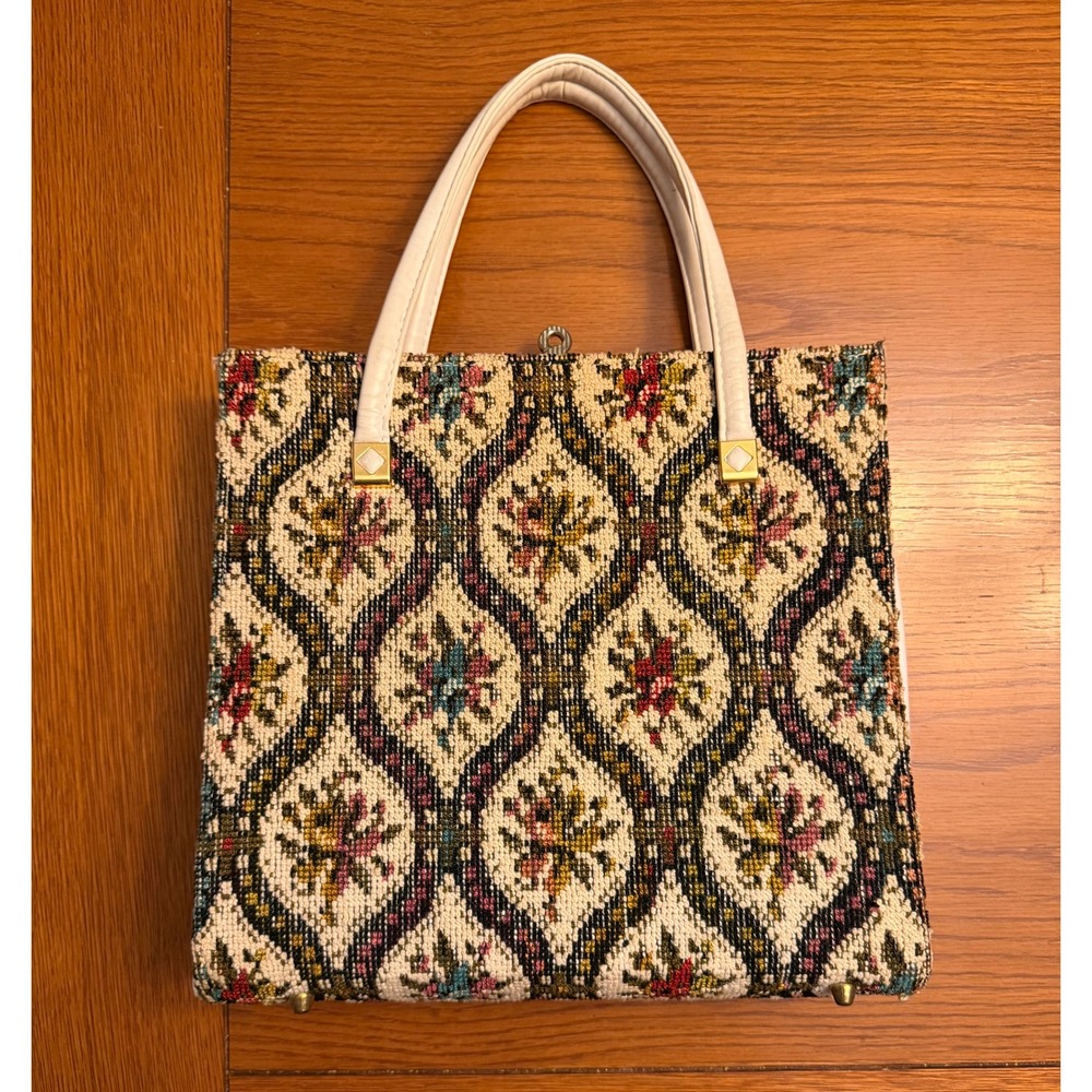 Vintage 60s Gobelin Tapestry Handbag Embroidered Purse Retro Carpet Bag